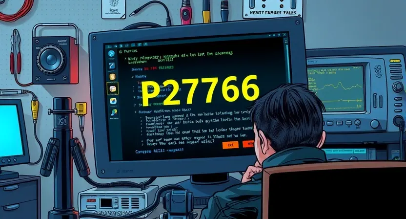 A detailed illustration depicting a computer screen displaying an error message "P2766". The screen should show technical details related to the error, possibly with highlighted sections. Around the screen, visualize a frustrated person looking at the screen, with tools and diagnostic equipment subtly in the background. The overall mood should be one of technical troubleshooting and problem-solving.