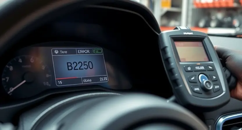A close-up of a car dashboard displaying an error code B2250 on the screen, with a mechanic using a diagnostic tool to scan the car's computer system. The scene should include various car parts and tools in the background to indicate a repair shop setting.