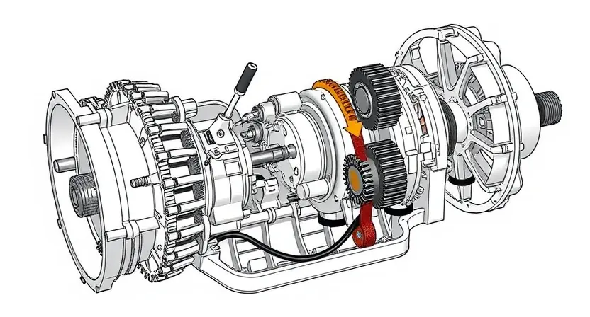 A detailed illustration of a car transmission system, showcasing various components like gears, shafts, and the transmission case. Focus on the intricate mechanics and internal workings.
