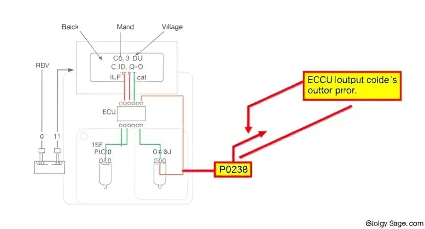 A detailed schematic diagram of an automotive engine control unit (ECU) with a highlighted sensor and wiring related to a P0238 error code. The diagram should clearly show the sensor's output voltage and its connection to the ECU.