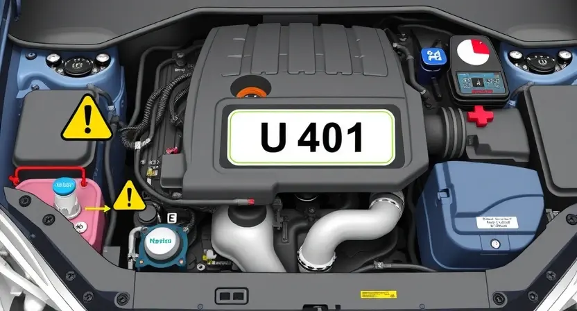 A detailed technical illustration of a car engine with highlighted error code U0401, showing diagnostic tools, warning signs, and components affected by the fault, rendered in a clean, high-quality technical diagram style