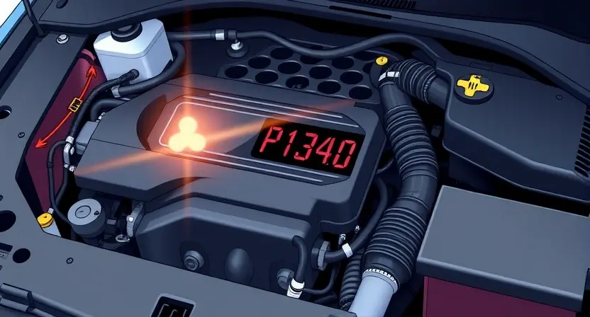 A detailed illustration of a car engine bay with a focus on the engine control unit (ECU) and wiring harness. A visual representation of the P1340 error code (e.g., a flashing light or a digital display showing the code) is subtly incorporated. The engine should be clean and well-lit, showcasing modern automotive technology.