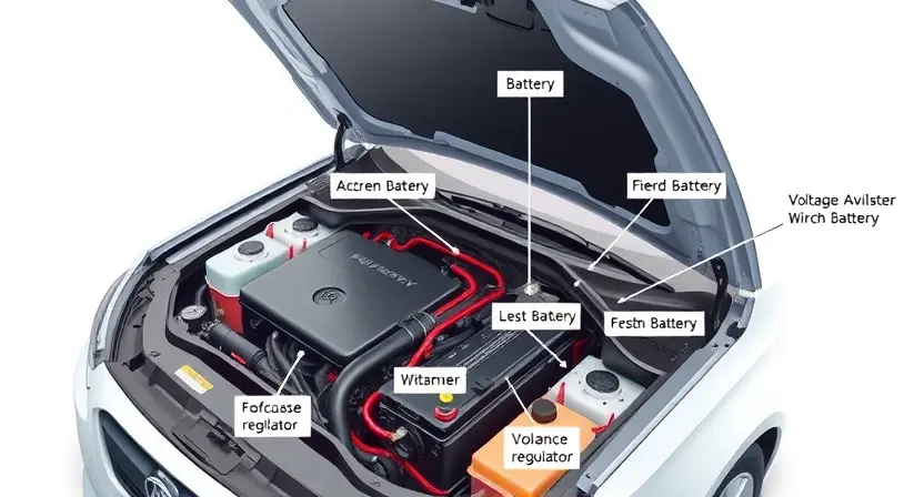A detailed illustration of a car's electrical system with a focus on the battery and voltage regulator. The image should show the components clearly labeled with their positions and connections. The car's hood should be open to reveal the engine bay, and the battery should be prominently displayed with visible terminals. The voltage regulator should be highlighted, and the wiring harness connecting it to the battery and other components should be visible. The background should be a clean, well-l
