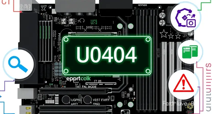 A high-quality technical illustration showing a computer motherboard with a highlighted error code U0404 displayed on a diagnostic screen, surrounded by icons representing troubleshooting tools and error symbols, clean and professional visual style