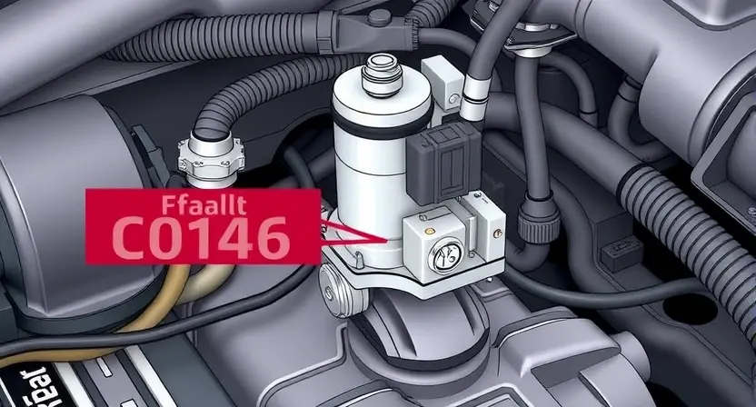 A high-quality technical illustration showing a solenoid valve of an exhaust system in a car engine, with visible wiring and a fault indicator highlighting the C0146 error code, rendered in the style "HQ-832-448-h"