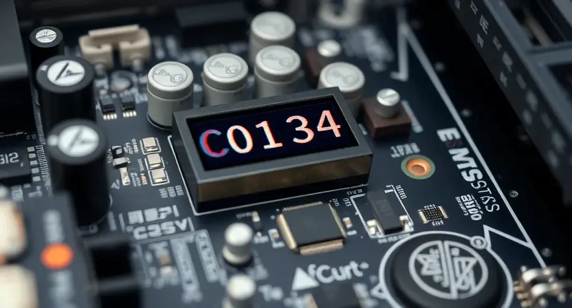 A professional automotive diagnostic scene showing a laptop displaying error code C0134 on a vehicle's dashboard, with technical charts and error explanations visible, clean technical illustration style