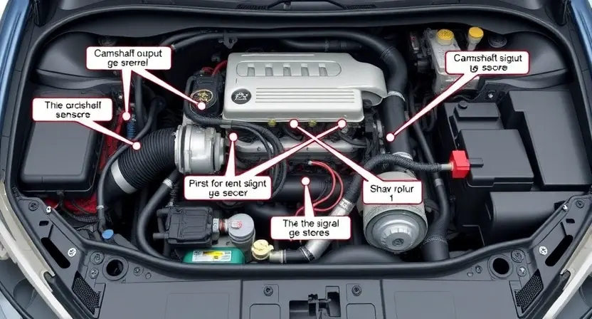 A detailed illustration of a car engine bay, focusing on the camshaft output signal circuit. Show the wiring, sensors, and components involved in the signal transmission. The image should be highly technical and informative, with clear labels indicating the parts.