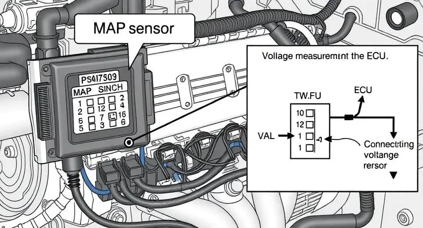 A detailed illustration of an engine control unit (ECU) with various sensors and wiring. Highlight the MAP sensor and its connection to the ECU. Include a schematic diagram showing the voltage measurement procedure for the MAP sensor. The background should be a clean, technical environment.