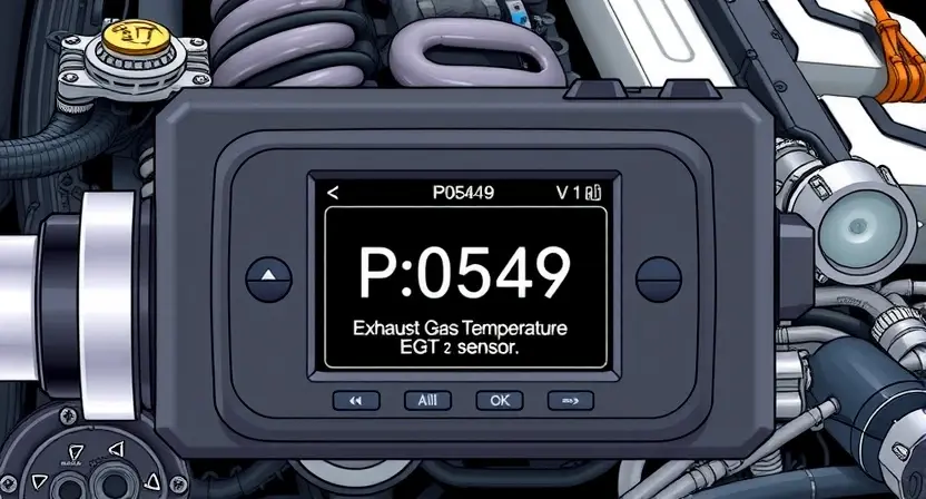 A detailed illustration of an engine control unit (ECU) with a diagnostic screen displaying the error code P0549. The screen should show a visual representation of the Exhaust Gas Temperature (EGT) sensor and indicate the fault. Include various engine components like the exhaust manifold, catalytic converter, and engine block in the background, subtly suggesting the system affected by the error.