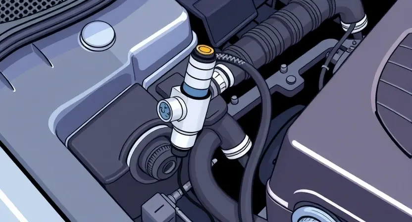 A close-up, detailed illustration of a car engine compartment. Focus on the fuel injection system, specifically highlighting the injector and its wiring harness. The image should convey a sense of technical precision and diagnostic inspection. The engine should appear clean and well-maintained.