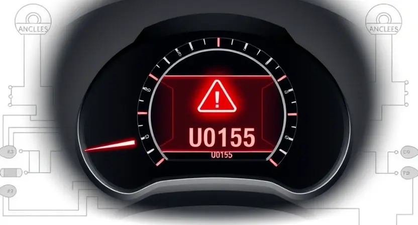 A detailed technical illustration of a car dashboard warning light indicating an electronic module communication error, with a focus on the instrument cluster displaying error code U0155, showing a broken connection symbol or warning icon, surrounded by subtle schematic elements like wiring diagrams or circuit traces, clean and professional technical drawing style