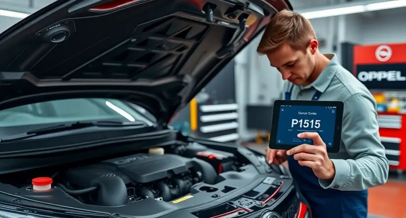 A professional automotive repair shop interior with a mechanic examining an Opel car engine, diagnostic tools and error code P1515 displayed on a tablet screen, realistic lighting, high detail, no text or numbers on the image