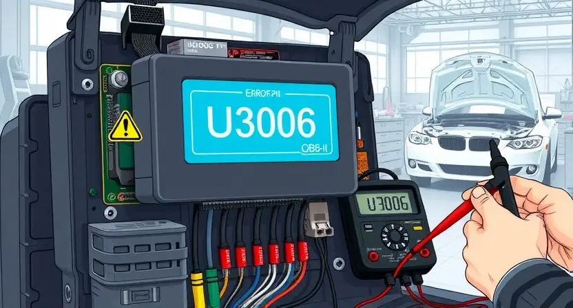 A detailed technical illustration of an automotive ECU (Electronic Control Unit) with a close-up view of its internal circuitry, showing a highlighted error code 'U3006' displayed on a diagnostic scanner screen connected to the ECU via OBD-II port. Include subtle visual cues like warning symbols (exclamation triangle), wiring harnesses, and a mechanic's hands holding a multimeter near the ECU. Background: a clean automotive workshop with tools and a car hood open in the distance. Style: realisti