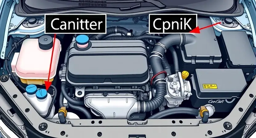 A detailed illustration of a car engine bay with various components clearly visible. Focus on the area related to the EVAP system, including the canister, hoses, and sensors. The image should be clean and well-lit, showcasing the technical details.