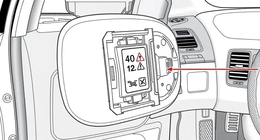 A detailed technical illustration of an automotive safety system showing a vehicle's side airbag module with warning indicators and diagnostic symbols, clean technical drawing style, high quality, 832x448 resolution