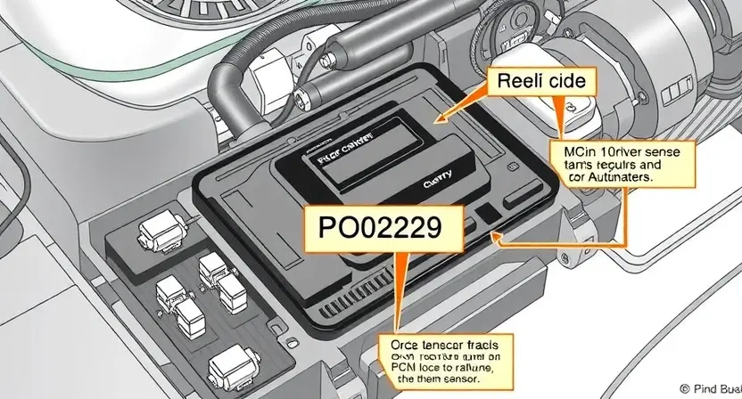 A detailed illustration of a car's PCM control module with highlighted areas indicating the P0229 error code. Include visual representations of the relevant sensors and actuators connected to the module. The background should be a clean, technical environment.