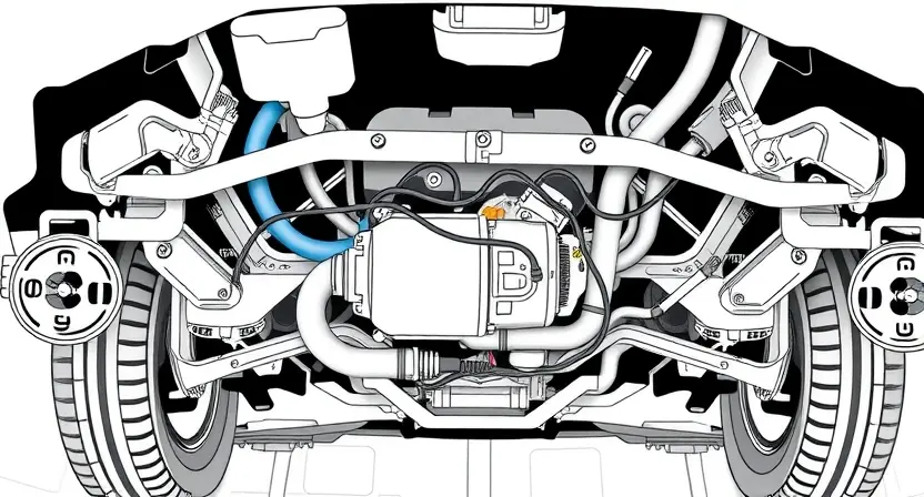 A detailed illustration of a car's undercarriage, focusing on the differential pressure sensor and its associated wiring. The sensor should be clearly visible, along with the relevant hoses and connections. The image should depict a clean, organized automotive environment, suggesting a professional repair setting. Emphasis should be on the sensor's physical appearance and its integration within the vehicle's system. The overall lighting should be bright and even, allowing for clear visibility of