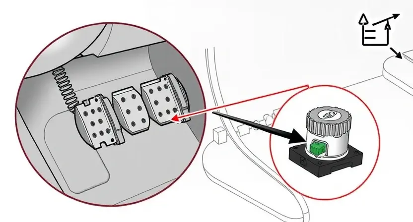 A detailed illustration of a car's accelerator pedal position sensor. The image should clearly show the sensor's components, wiring connections, and its location within the vehicle's pedal assembly. Focus on the mechanical and electrical aspects of the sensor.
