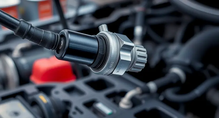 A close-up, detailed illustration of a car's oxygen sensor (A/F sensor) being inspected. The sensor should be clearly visible, with wires connected. The background should be a slightly blurred automotive repair shop environment. Focus on the sensor's components and connections.