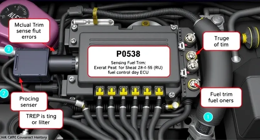 A detailed illustration of a car's engine control unit (ECU) with various sensors and wiring, highlighting the P0538 error code related to fuel trim. The image should be scientifically accurate and visually clear, showcasing the components involved in fuel management.