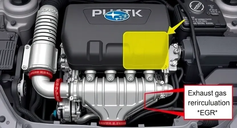 A detailed illustration of a Subaru engine with a highlighted exhaust system. Focus on the areas related to the P1411 error code, showing the catalytic converter and oxygen sensors. Include subtle visual cues indicating exhaust gas recirculation (EGR).