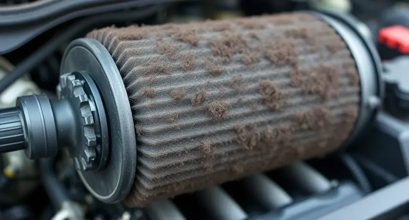 A close-up, detailed illustration of a diesel particulate filter (DPF) clogged with excessive soot. The DPF should be depicted as a cylindrical filter, visibly blackened and heavily laden with accumulated soot particles. Focus on the texture and density of the soot buildup. The background should be a blurred automotive engine compartment.