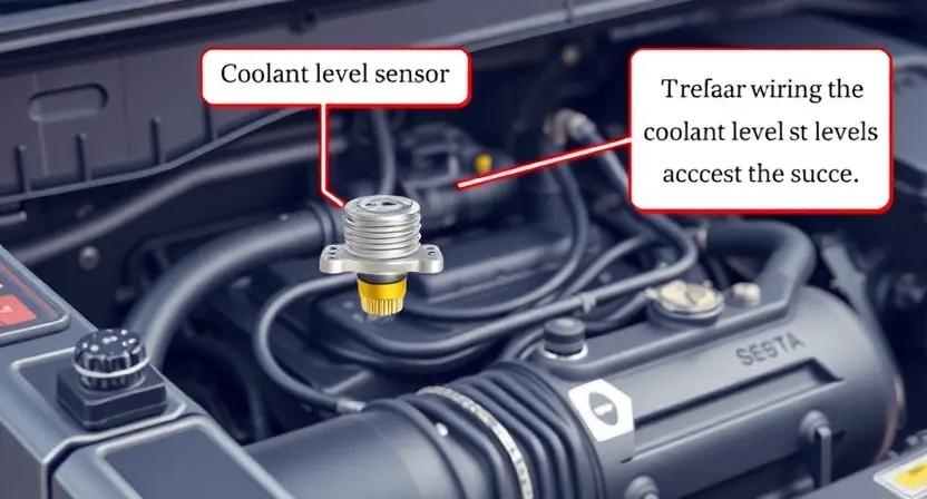 A detailed illustration of a car's engine bay, focusing on the coolant level sensor and its associated wiring. The sensor should be clearly visible, along with the temperature gauge and other engine components. The background should be slightly blurred to emphasize the sensor.