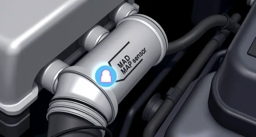 A close-up, detailed illustration of a car's intake manifold with a MAP sensor clearly visible. The sensor should be highlighted with a subtle glow or outline. Focus on the sensor's connection to the manifold and the surrounding engine components. The overall image should convey a sense of automotive technology and diagnostics.