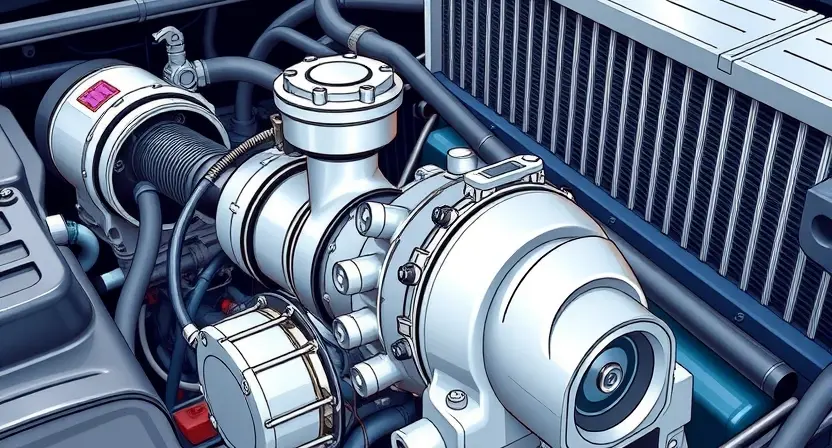 A detailed illustration of a car's cooling system with a close-up of the electric water pump. The pump should be clearly visible, with hoses connected to it and the radiator in the background. The overall scene should depict a car engine bay with various components. Focus on the pump's mechanics and connections.
