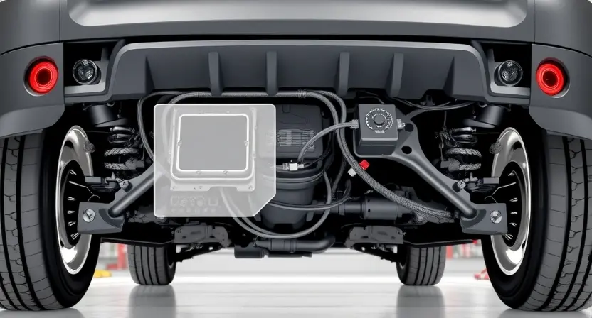 A detailed illustration of a car's rear chassis with a highlighted sensor. The sensor should be clearly visible, connected to wiring, and positioned near the body control module. Focus on the sensor's physical appearance and its connection to the vehicle's electrical system. The background should be a clean, neutral automotive workshop environment.