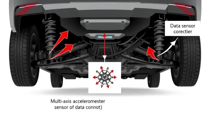 A detailed diagram illustrating a car's undercarriage with a highlighted multi-axis accelerometer sensor. Arrows indicate data flow between the sensor and the car's computer. Focus on the sensor's physical location and connection points. The background should be a clean, neutral color.