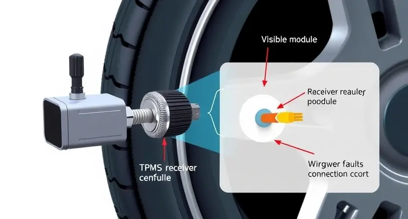 A high-quality technical illustration showing a tire pressure monitoring system (TPMS) sensor with a visible antenna and receiver module, highlighting the wiring and connection points where a fault could occur, rendered in a clear, professional style suitable for technical documentation