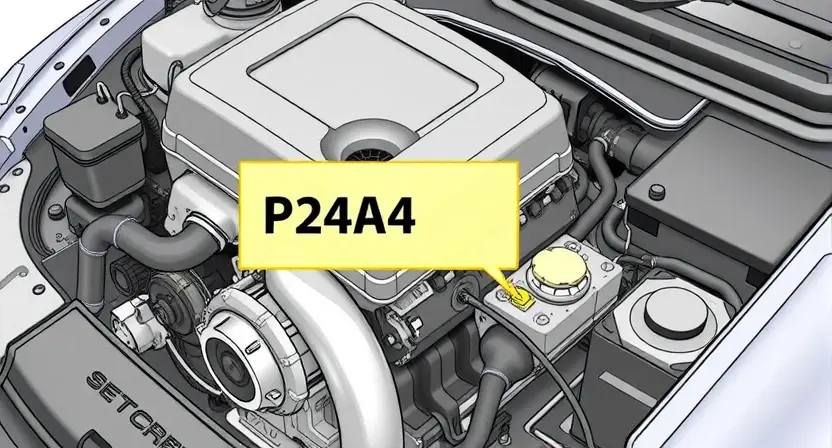 A detailed illustration of a car engine with a highlighted component indicating the P24A4 error code. The engine should be depicted in a cross-section view to show internal parts. The highlighted component should be clearly visible and distinct from the rest of the engine. The image should convey a sense of technical precision and mechanical complexity.