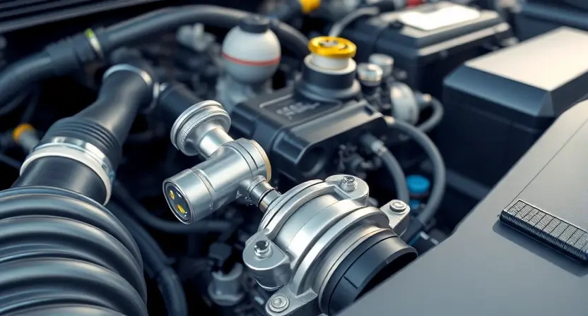 A close-up, detailed illustration of a car engine bay with a focus on the mass airflow sensor (MAF sensor). The sensor should be clearly visible, along with surrounding engine components like hoses and wires. The overall lighting should be bright and clean, emphasizing the mechanical details. The background should be slightly blurred to keep the focus on the MAF sensor.
