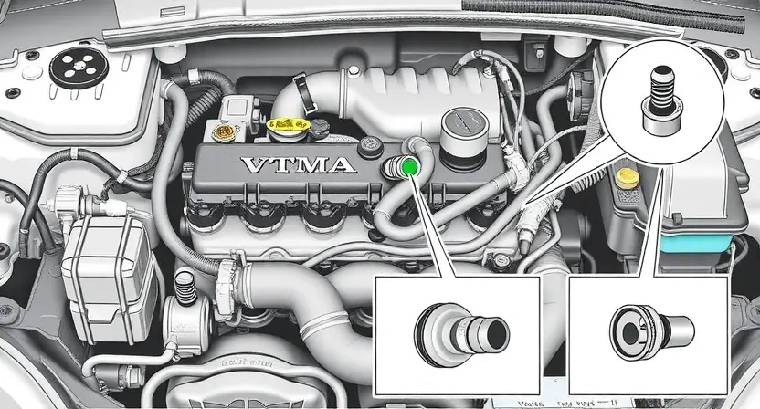 A detailed illustration of an engine bay with a focus on the oil pressure sensor and VTEC system components. The sensor should be clearly visible, connected to various hoses and wiring. Include diagrams showing the sensor's location and connections. The overall style should be technical and informative, suitable for a repair manual.