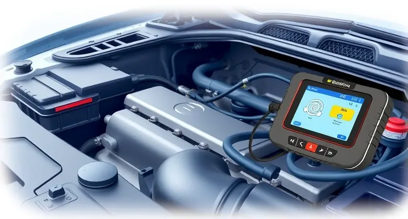 A close-up, detailed illustration of a car's engine bay with a diagnostic tool connected to the vehicle's computer. Focus on the engine components and the diagnostic interface. The background should be slightly blurred to emphasize the engine.