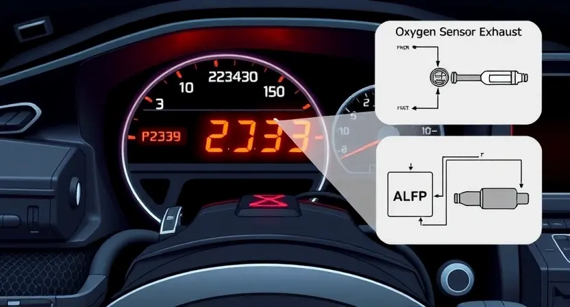 A high-quality technical illustration showing a car engine with a glowing check engine light on the dashboard, displaying the error code P2339, surrounded by schematic diagrams of an oxygen sensor and exhaust system, clean lines, detailed components, no text or numbers on the image, professional automotive repair style