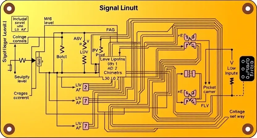 A detailed schematic diagram of a circuit board, highlighting a signal input circuit with a low signal level. Include visual representations of voltage levels, signal paths, and potential causes of the issue. Focus on clarity and technical accuracy.