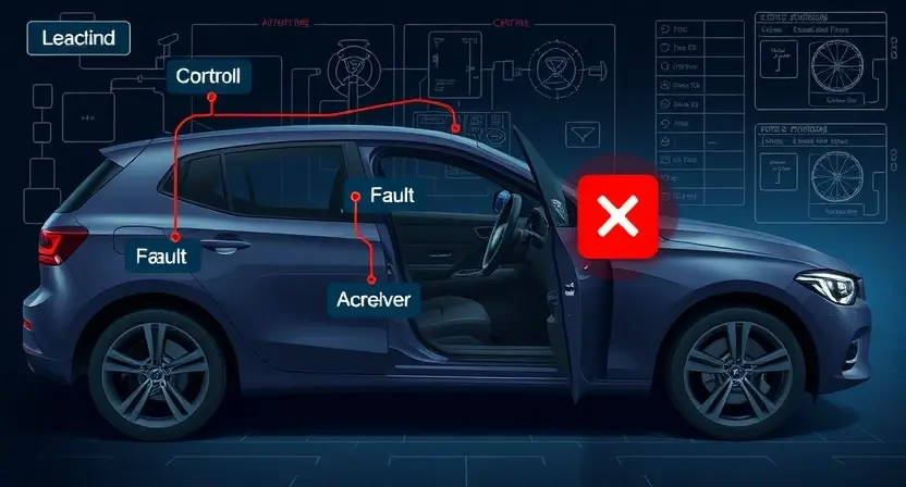 A detailed technical illustration of a car's keyless entry antenna system, showing the antenna circuit with labeled components such as the antenna wire, control module, and receiver, highlighting a fault point in the circuit with a red 'X' or warning symbol, set against a clean automotive engineering background with subtle wiring diagrams and diagnostic tool interfaces, all in a professional, high-clarity technical style
