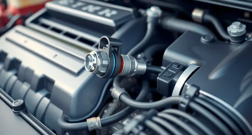 A close-up, detailed illustration of a car engine bay. Focus on the engine's components, specifically the oxygen sensor and related wiring. Use bright, clean colors to highlight the sensor. The background should be slightly blurred to emphasize the engine.
