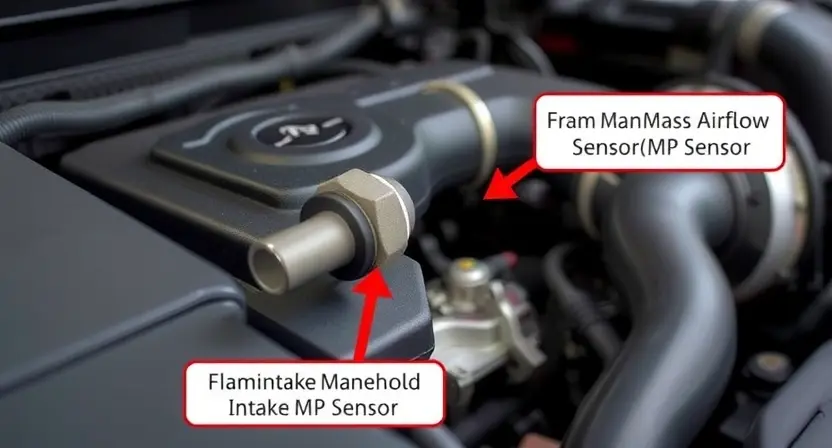 A close-up illustration of a car's engine bay, highlighting the Mass Airflow Sensor (MAP sensor). The sensor should be clearly visible, with arrows pointing to its connection points and nearby intake manifold. Focus on the sensor's physical appearance and its location within the engine compartment. The background should be slightly blurred to emphasize the sensor.