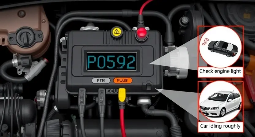 A detailed illustration of a car's engine control unit (ECU) with various diagnostic tools connected, highlighting the P0592 error code. Include visual representations of the symptoms associated with the code, such as a check engine light illuminated and a car idling roughly.