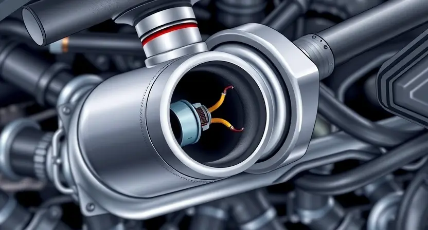 A close-up, detailed illustration of an automotive exhaust system, specifically focusing on the oxygen sensor located in the first exhaust bank. The sensor should be clearly visible, showing its wiring and connection to the exhaust pipe. The surrounding metal components should be realistically rendered, with signs of wear and heat discoloration. The background should be blurred, suggesting an engine compartment setting.