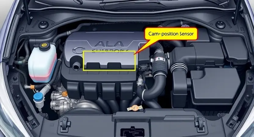 A detailed illustration of a car engine bay with a highlighted component related to a P2043 error, such as the crankshaft position sensor or camshaft position sensor. The engine should be clean and well-lit, showcasing various parts. Focus on the area where the sensor is located.