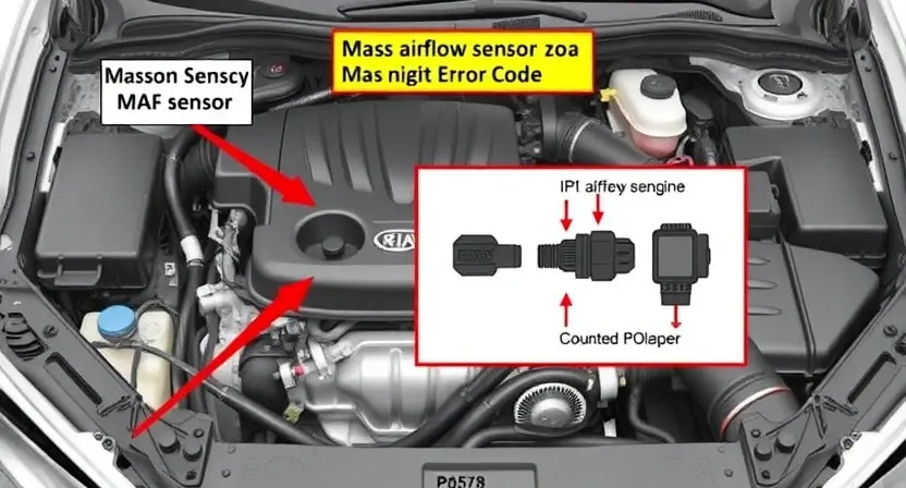 A detailed illustration of a car's engine bay, highlighting the mass airflow sensor (MAF sensor) as the central focus. The sensor should be clearly visible, with arrows pointing to its location and a diagram showing its connection to the engine control unit (ECU). Include visual cues representing the P0578 error code and its potential impact on engine performance.