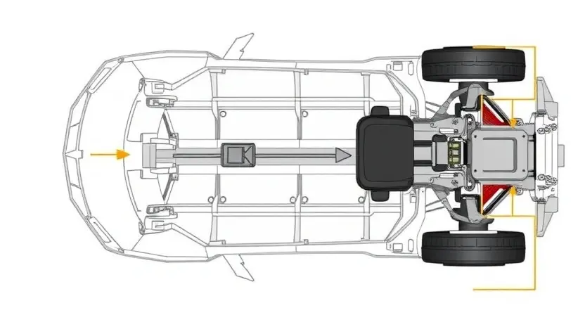 A detailed illustration of a car's chassis with a highlighted longitudinal acceleration sensor. The sensor should be clearly visible, with arrows indicating the direction of acceleration. The surrounding components of the chassis should be realistically rendered, showing the sensor's location relative to other parts. Focus on the sensor's physical appearance and its integration into the vehicle's structure. The background should be a clean, neutral color to emphasize the car's components.