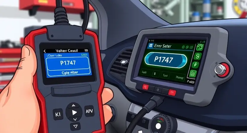 A detailed illustration of a car diagnostic tool connected to a Ford vehicle's onboard computer. The tool should display error codes, specifically P1747, with a clear visual representation of the error message. The background should be a workshop setting with tools and equipment visible, but blurred to focus on the diagnostic tool and the car's computer.