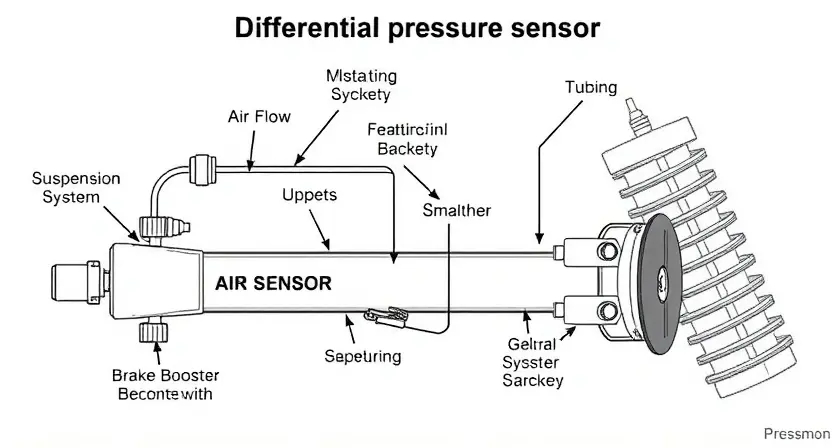 A detailed diagram illustrating a differential pressure sensor and its connection within a vehicle's pneumatic system. Show the sensor, tubing, and connections to relevant components like the brake booster or suspension system. Highlight the flow of air and the sensor's role in measuring pressure differences. Use clear, technical illustrations and labels.