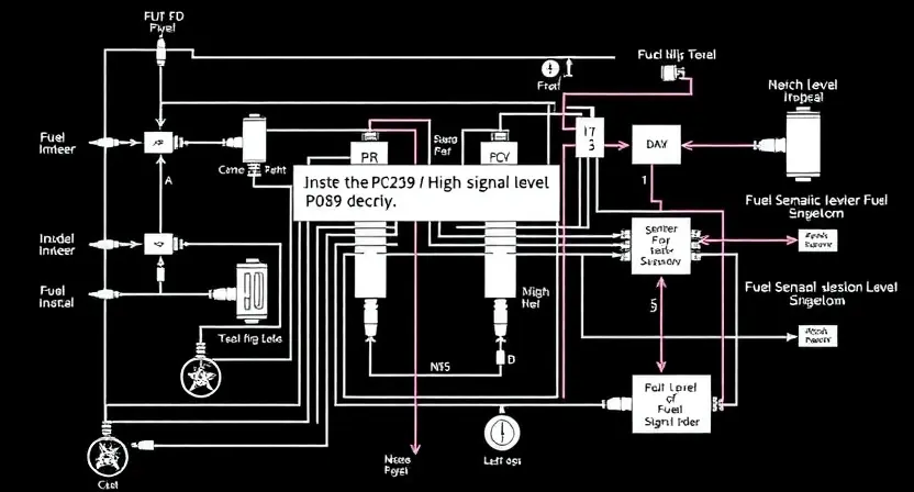 A detailed schematic diagram of a fuel injection system, highlighting the P0259 error code and the high signal level. Include visual representations of sensors, actuators, and wiring. Focus on clarity and technical accuracy.