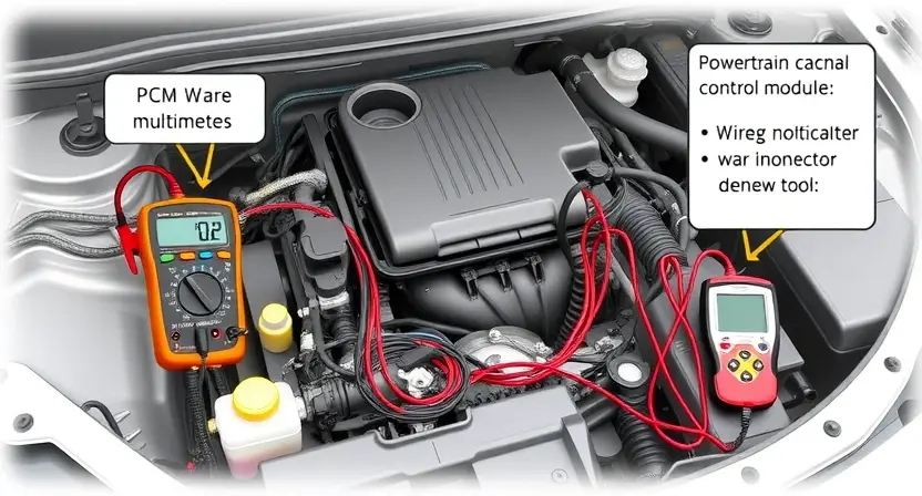 A detailed illustration of a car's engine bay, focusing on the wiring harness and PCM (Powertrain Control Module). The image should show a multimeter and a scan tool connected to the PCM, with wires being examined. The background should be slightly blurred to emphasize the engine components.